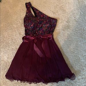 Jewel tone, sparkly top, one shoulder formal dress